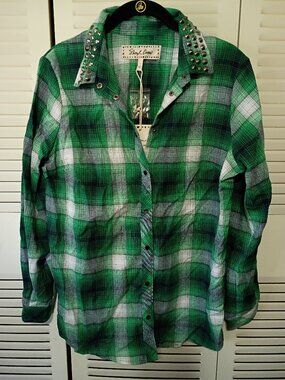 SHERYL CROW Green Plaid Silver Studs Spike Collar Top Blouse S Western Grunge